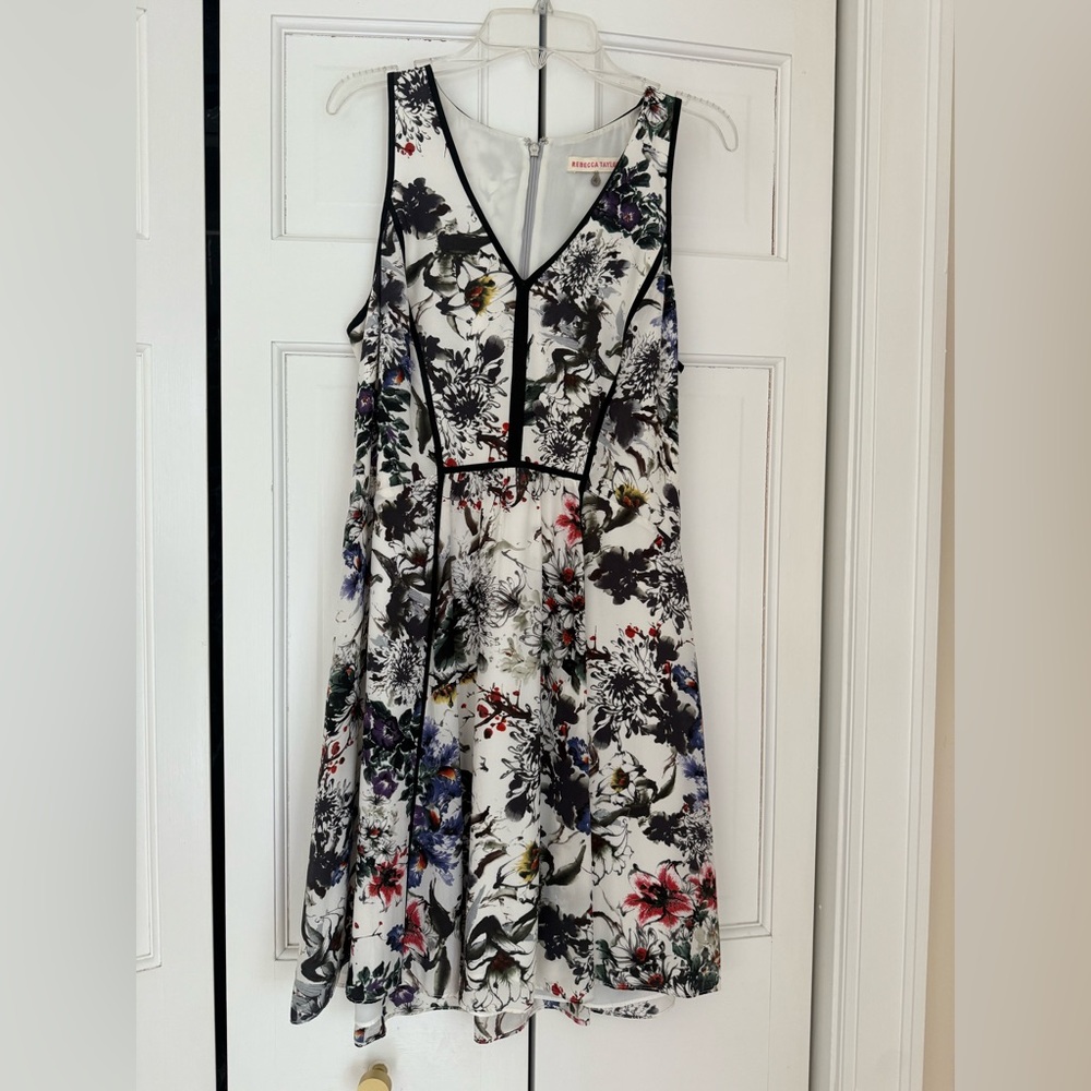 Rebecca Taylor White Floral A-Line Mini Dress with Black Trim